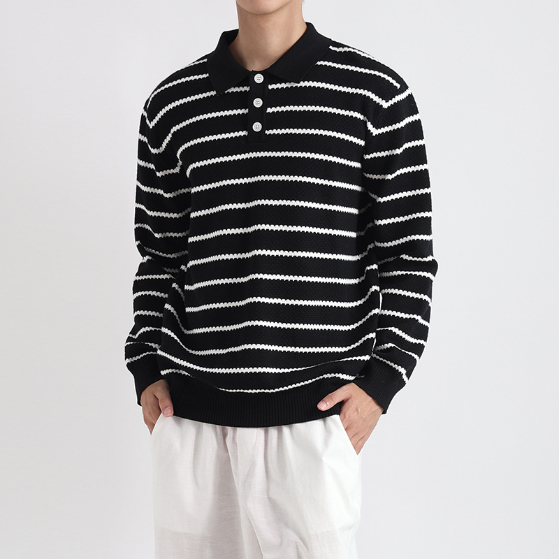 高级感撞色条纹polo领毛衣男秋冬季宽松简约慵懒风套头翻领针织衫