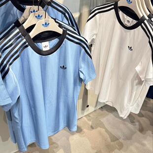 Adidas三叶草 女子运动休闲潮流速干条纹短袖T恤 JV9647 JV9644