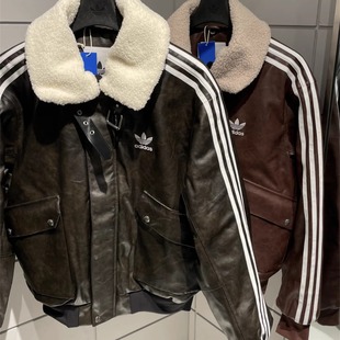 KF3692 KF3691 三叶草 运动休闲潮流皮衣毛领羊羔绒棉服夹克外套