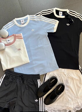 Adidas三叶草 女子运动休闲潮流花边三条纹短袖T恤 KC8819 KC8821