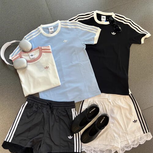 Adidas三叶草 女子运动休闲潮流花边三条纹短袖T恤 KC8819 KC8821