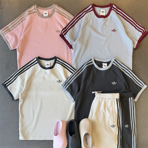 Adidas三叶草 运动潮流华夫格短袖T恤短裤 KT7786 KT7787 KT7782