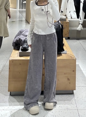 Adidas三叶草 女子运动休闲潮流复古做旧宽松阔腿针织长裤 IY7399