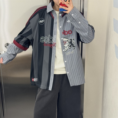 Adidas三叶草 运动休闲潮流复古刺绣拼接假两件长袖衬衫 KY2152