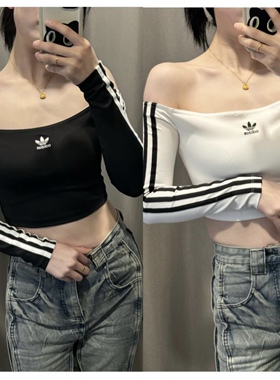 Adidas三叶草 女子运动休闲潮流一字肩短款长袖T恤 JD0274 JD0275