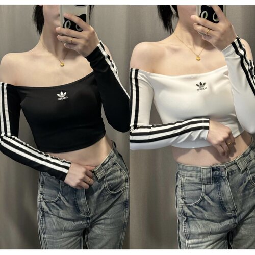 Adidas三叶草 女子运动休闲潮流一字肩短款长袖T恤 JD0274 JD0275
