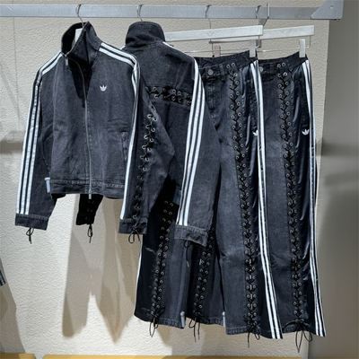 Adidas三叶草 女子运动休闲潮流绑带牛仔外套长裤 KS1394 KS3878