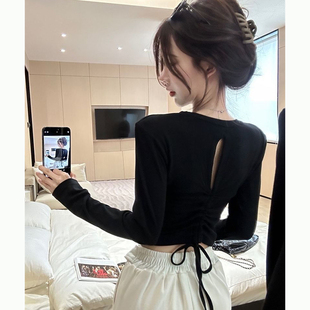 黑色辣妹长袖上衣短款内搭打底衫女春秋露背性感小心机设计感T恤