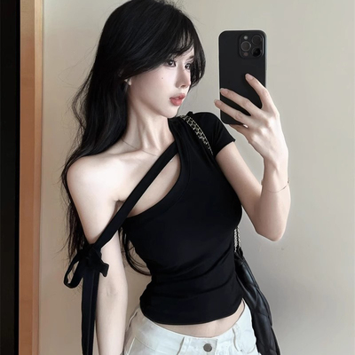 2025新款纯欲性感斜肩短袖T恤