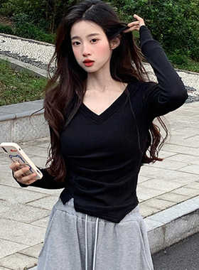 黑色辣妹V领长袖打底衫女春秋季不规则开叉修身T恤短款上衣显瘦