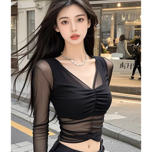 夏季黑色V领网纱短款上衣时尚纯欲风性感V领T恤女长袖打底衫内搭