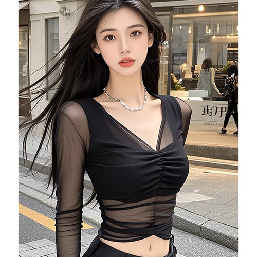纯欲风性感斜肩长袖女短款修身