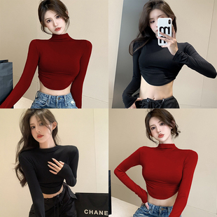 纯欲风性感超短款上衣女高腰露脐T恤紧身卡腰小衫辣妹长袖打底衫