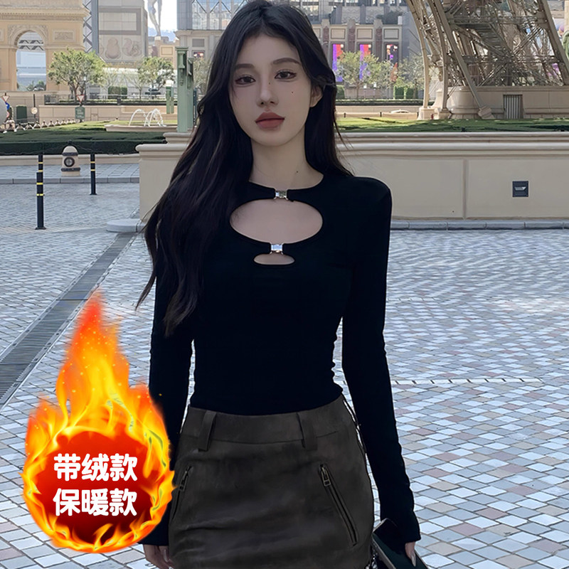 纯欲风金属扣缕空小心机长袖T恤春秋新款性感修身辣妹打底衫内搭,女装/女士精品,T恤,淘宝优惠券,粉丝福利购,淘宝优惠卷