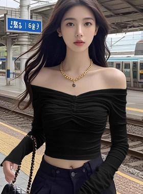 纯欲风辣妹一字领短款上衣女