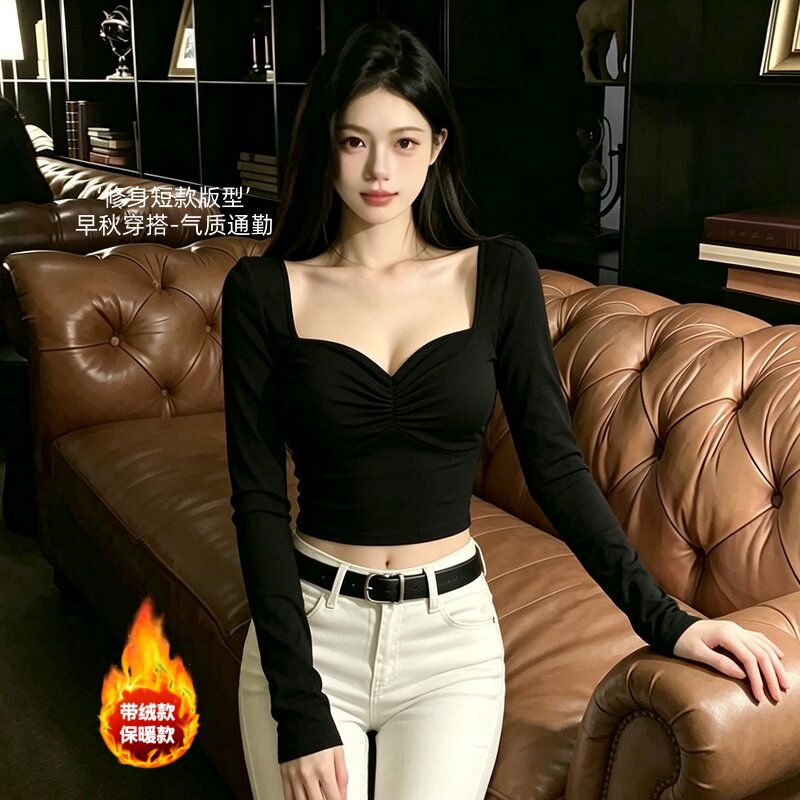 法式辣妹风方领长袖T恤女秋冬内搭修身收腰短款纯欲气质打底上衣