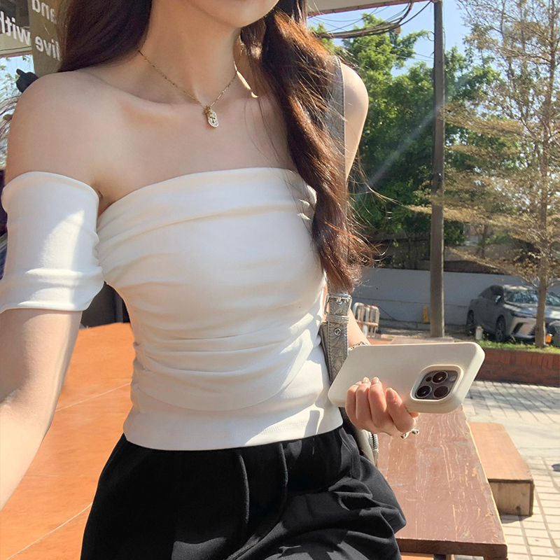 一字肩抹胸短袖T恤女2025夏