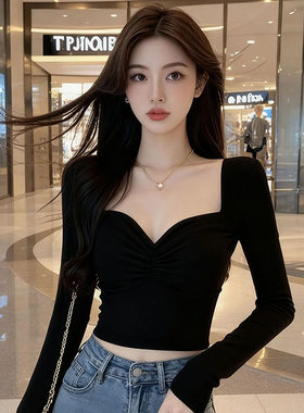 方领长袖修身短款打底T恤女黑色