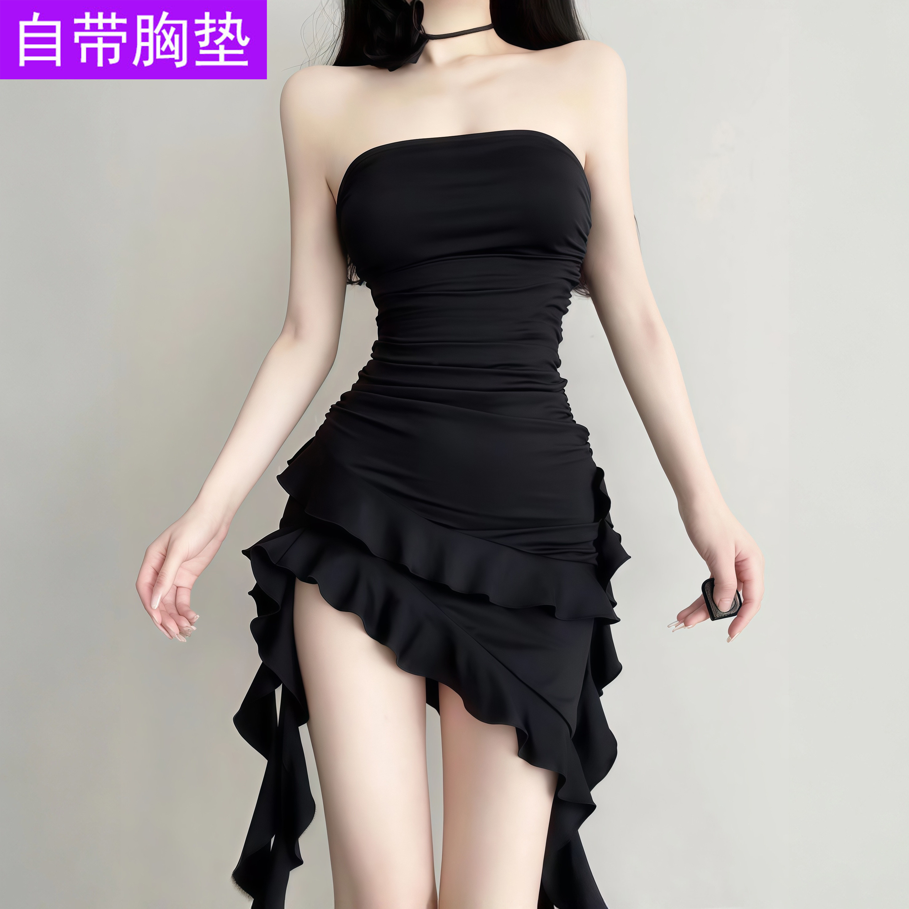 甜辣御姐风抹胸连衣裙女夏季带胸垫收腰显瘦荷叶边不规则包臀短裙
