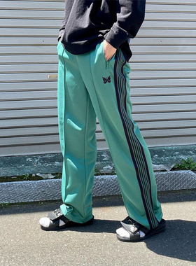 过验Needles track新款条纹草绿色蝴蝶绣花运动休闲日系长裤男女