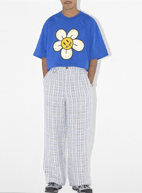 Drew猪窝笑脸流行休闲宽松高端蓝色小香风直筒长裤男女情侣款裤子