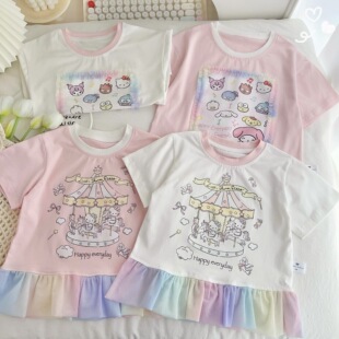 夏装2026新款女童短袖T恤荷叶裙摆纯棉彩虹半袖上衣潮t可爱卡通潮