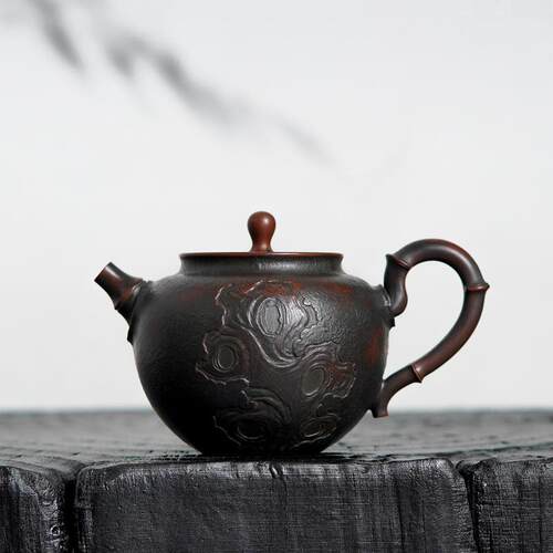 石池 黄开日作品 广西坭兴陶省级大师名家纯手工浮雕茶具165cc