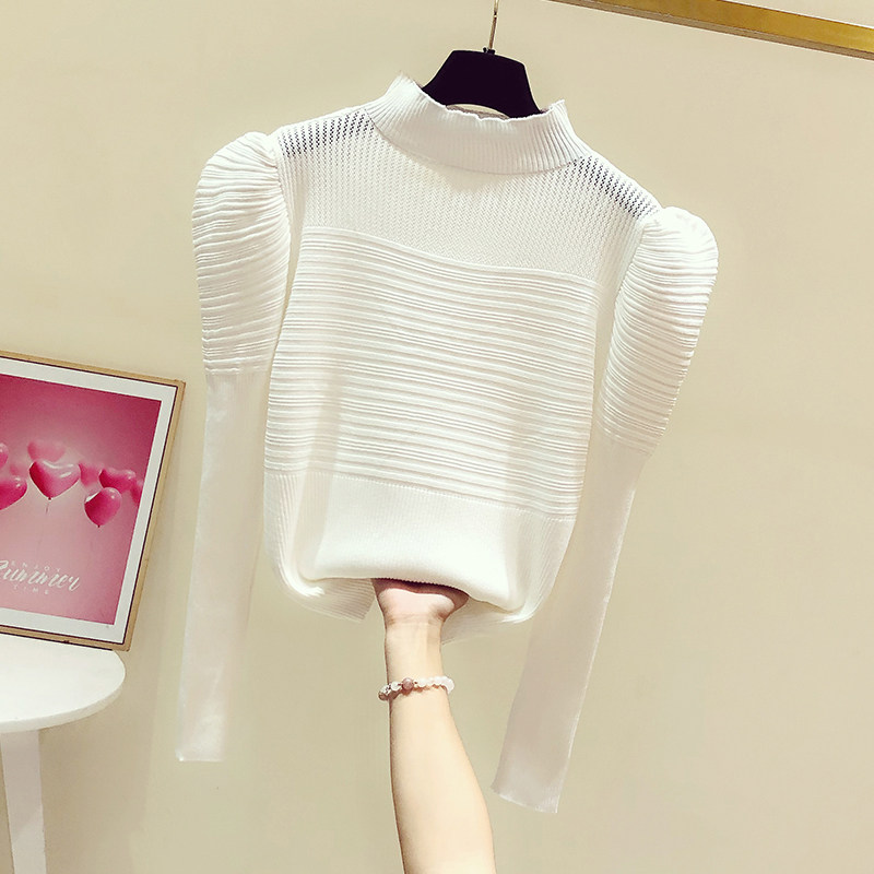 2025秋冬新款时尚高领泡泡袖皱褶套头毛衣女修身显瘦针织打底衫潮