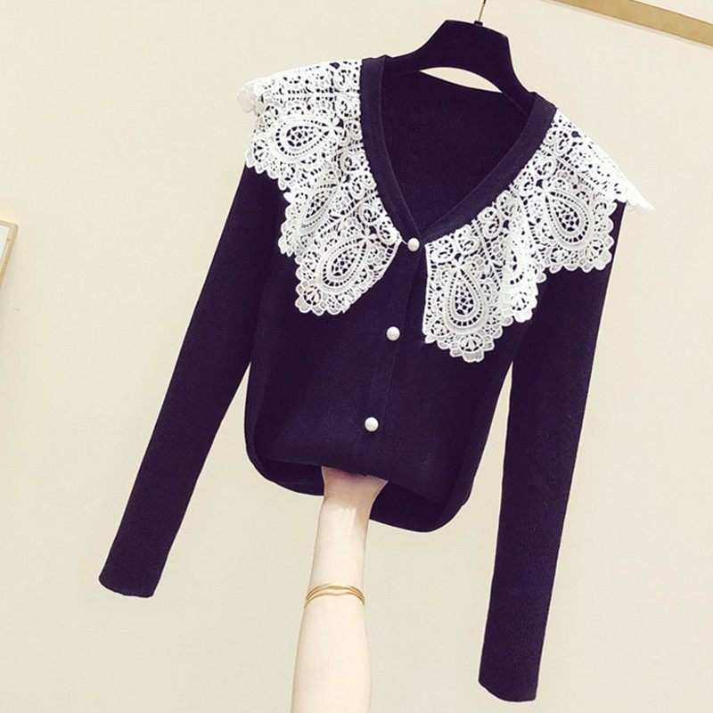 2025秋冬新款韩版甜美蕾丝娃娃领长袖修身显瘦针织衫女时尚上衣潮