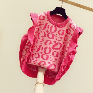 豹纹荷叶边无袖针织马夹背心女2023秋冬新款韩版休闲百搭时尚坎肩