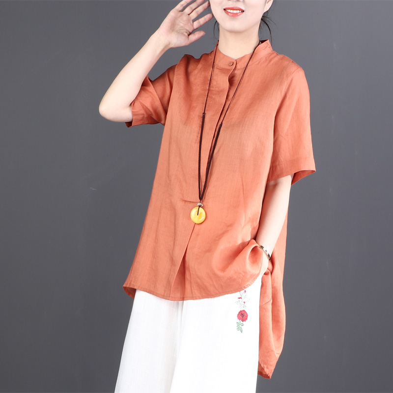 自然小鋪 短袖苧麻襯衫寬松中長款2018夏季文藝氣質立領棉麻女裝