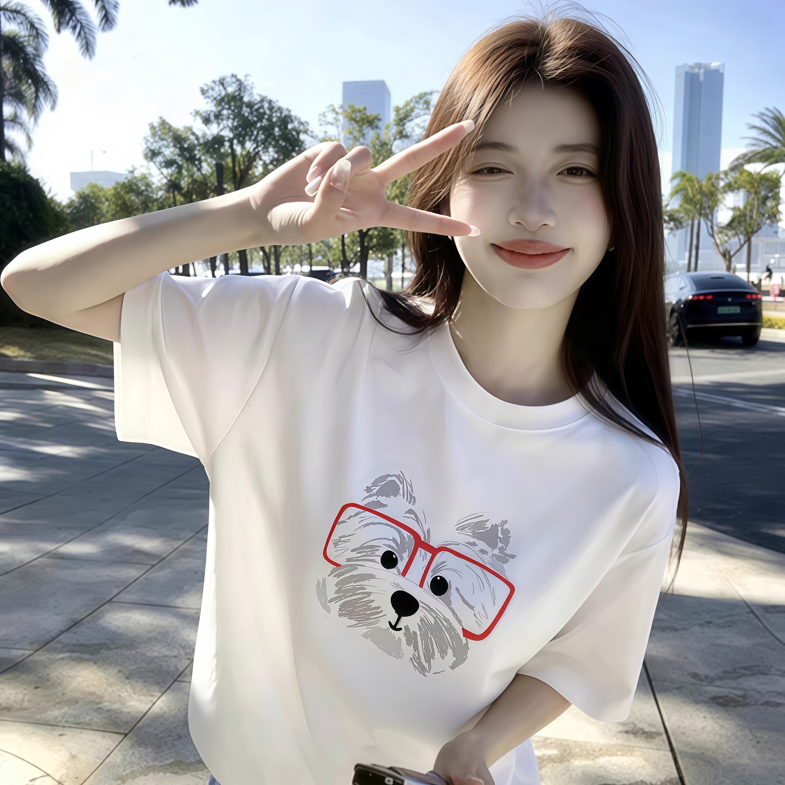 红框眼镜小狗印花纯棉白色短袖T恤女2026夏季宽松可爱风百搭上衣