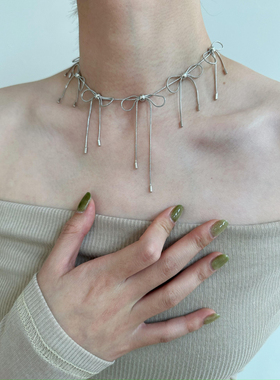 atmshop 银色芭蕾蝴蝶结流苏小众气质百搭项链少女甜美温柔锁骨链