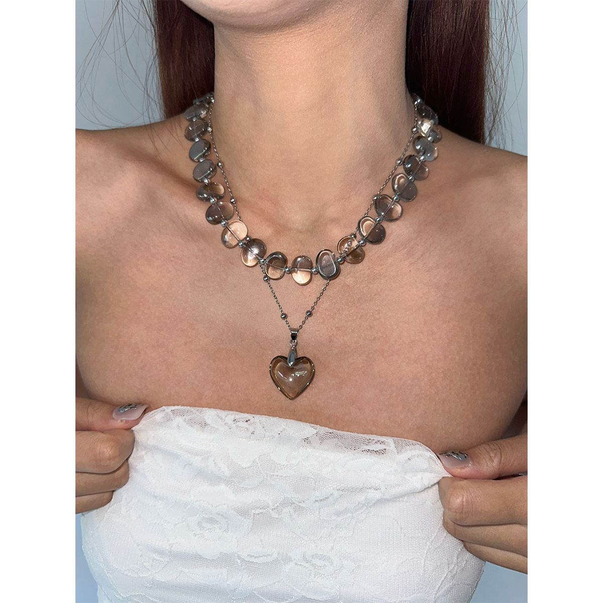 atmshop高级晶灰色爱心吊坠珠串叠戴项链套组时髦个性百搭锁骨链