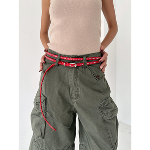 韩系时髦朋克简约铆钉细版双层pu皮带ins博主百搭个性辣妹腰带