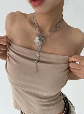 atmshop冷淡风金属立体花朵流苏吊坠气质多层长款欧美高级项链