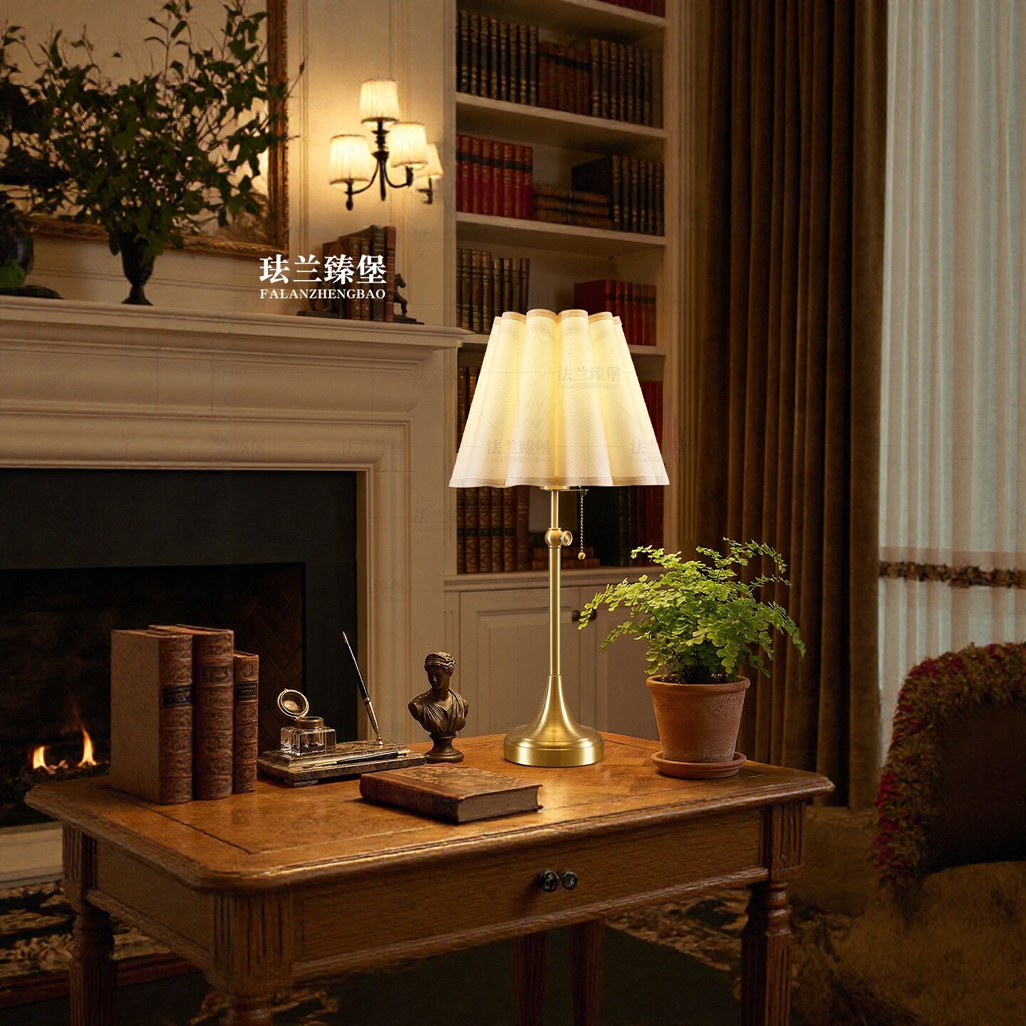 美式复古全铜升降装饰台灯布艺灯罩卧室客厅书房中古风轻奢氛围灯