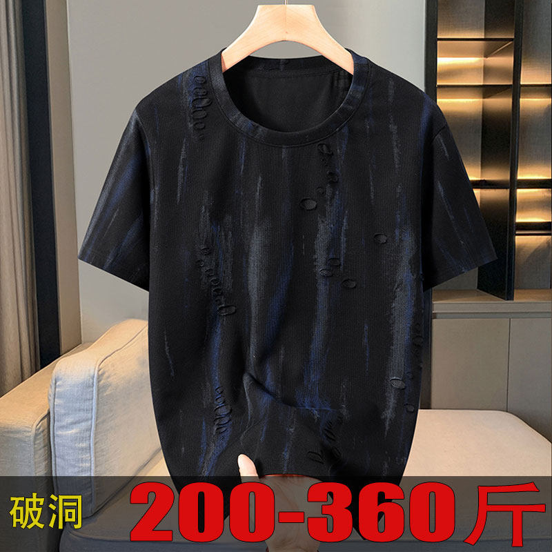 破洞男短袖t恤特大码弹力半截袖