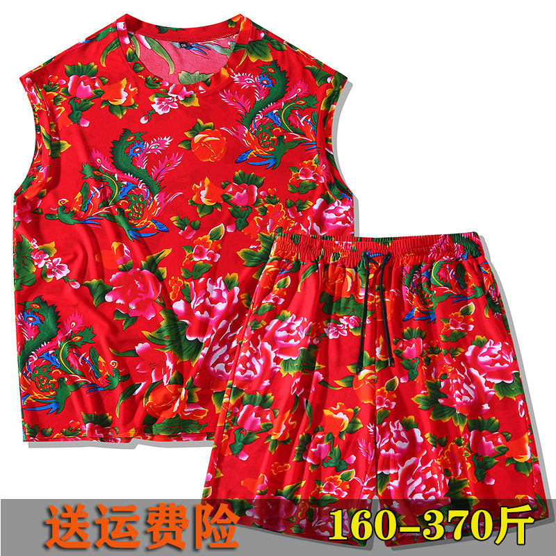 网眼透气夏季炸街东北大花背心短裤两件套宽松大码喜庆男装套装