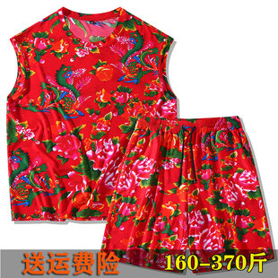 网眼透气夏季炸街东北大花背心短裤两件套宽松大码喜庆男装套装