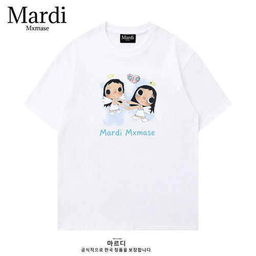 Mardi Mxmase卡通印花短袖T恤男女夏季棉宽松圆领白色体恤男女款