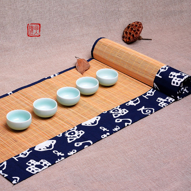 竹制茶席茶桌席子甲骨文、麻花布艺桌旗茶帘竹席垫功夫茶具零配