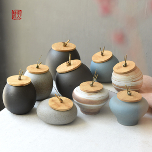 粗陶茶叶罐复古宅寂风陶瓷密封罐大小号家用储物罐通用防潮竹木盖