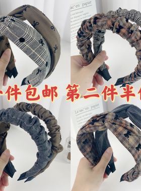 秋冬复古格纹蝴蝶结发箍