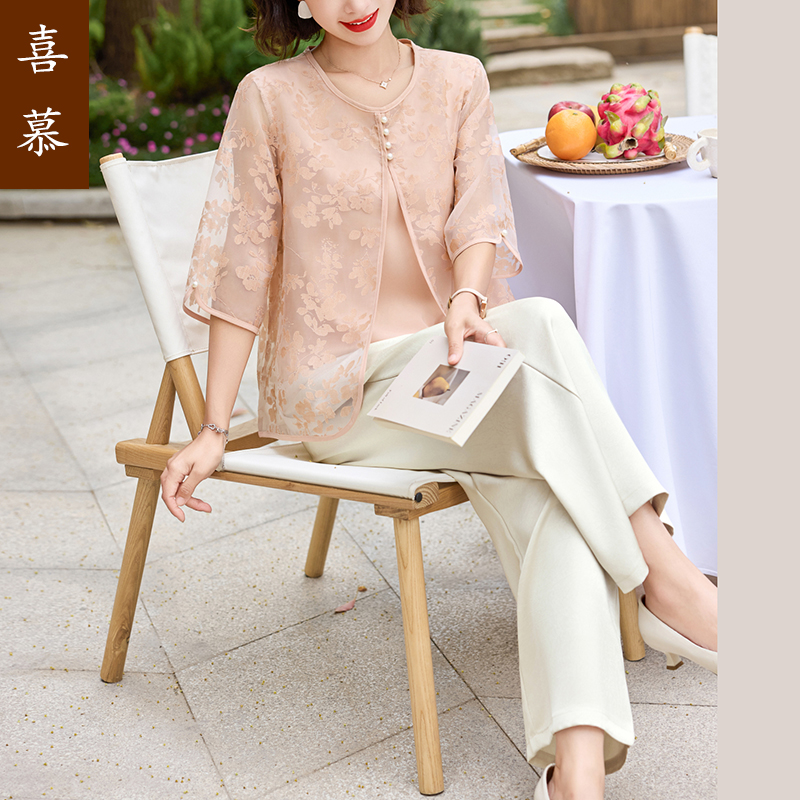 中年妈妈夏装七分袖衬衣套装2025新款洋气质中老年女装小衫两件套