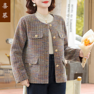喜慕外套女中年妈妈显年轻秋装小香风上衣新款中老年春秋气质开衫