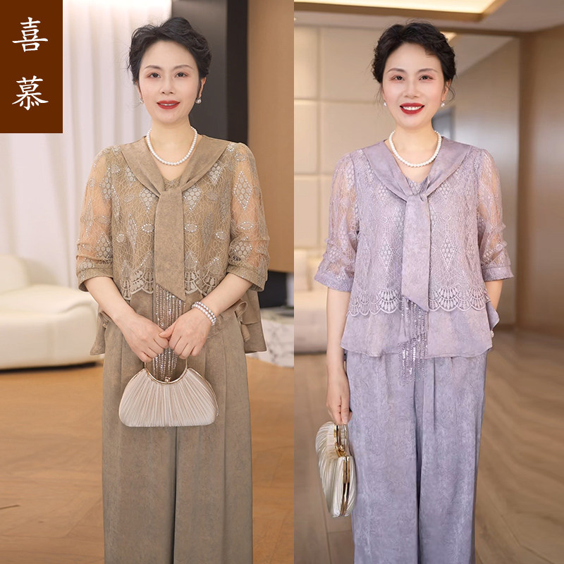 喜慕2026春夏新款蕾丝刺绣上衣中老年女贵气年轻妈妈宽松显瘦套装