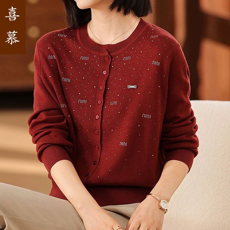 妈妈装春秋季圆领针织开衫外套