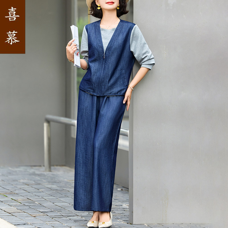 喜慕中年妈妈假两件夏季新款套装