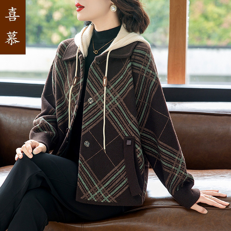 喜慕妈妈春装外套洋气高贵上衣新款中老年人女秋冬季连帽开衫外套